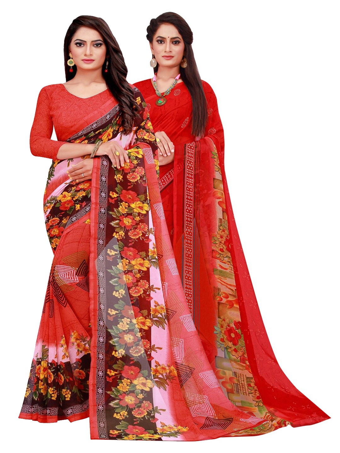 

SAADHVI Red & Yellow Floral Printed Pure Georgette Saree Pack Of 2