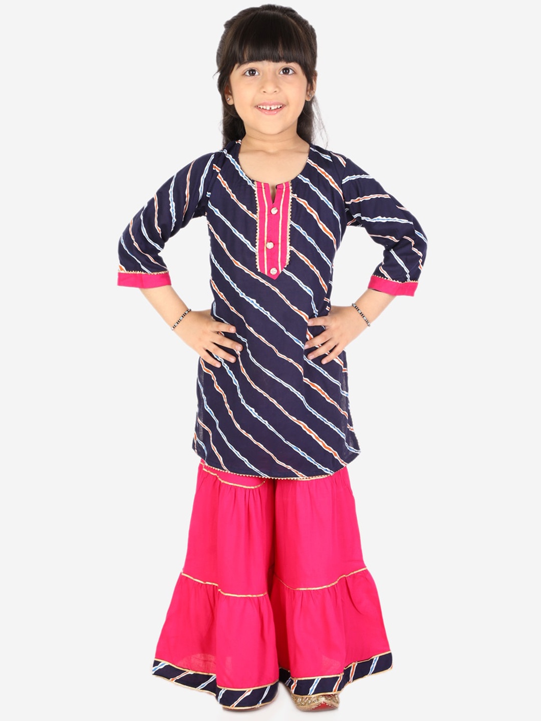 

ahhaaaa Girls Navy Blue Leheriya Printed Pure Cotton Kurti with Sharara
