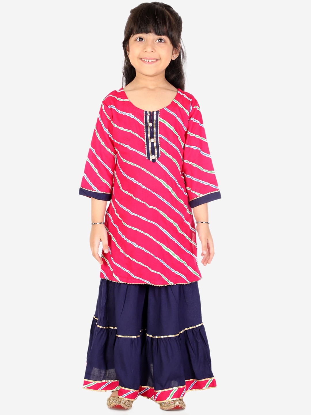 

ahhaaaa Girls Pink & Green Printed Pure Cotton Jaipuri Kurta with Sharara