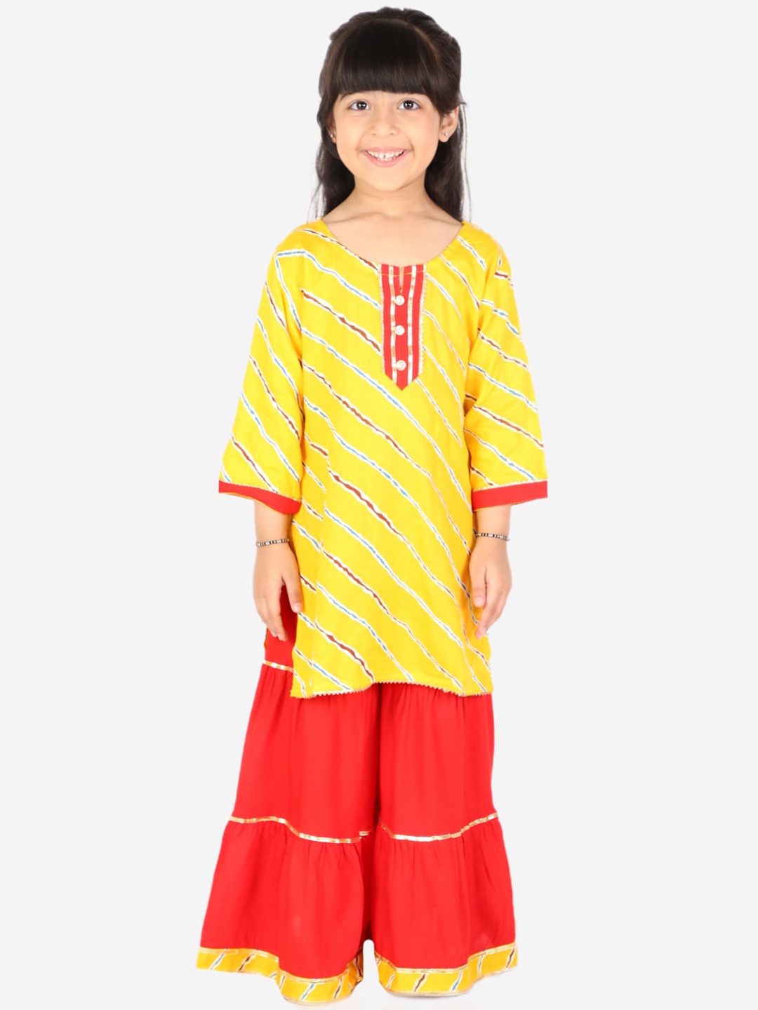 

ahhaaaa Girls Yellow Striped Gotta Patti Pure Cotton Kurta with Palazzos