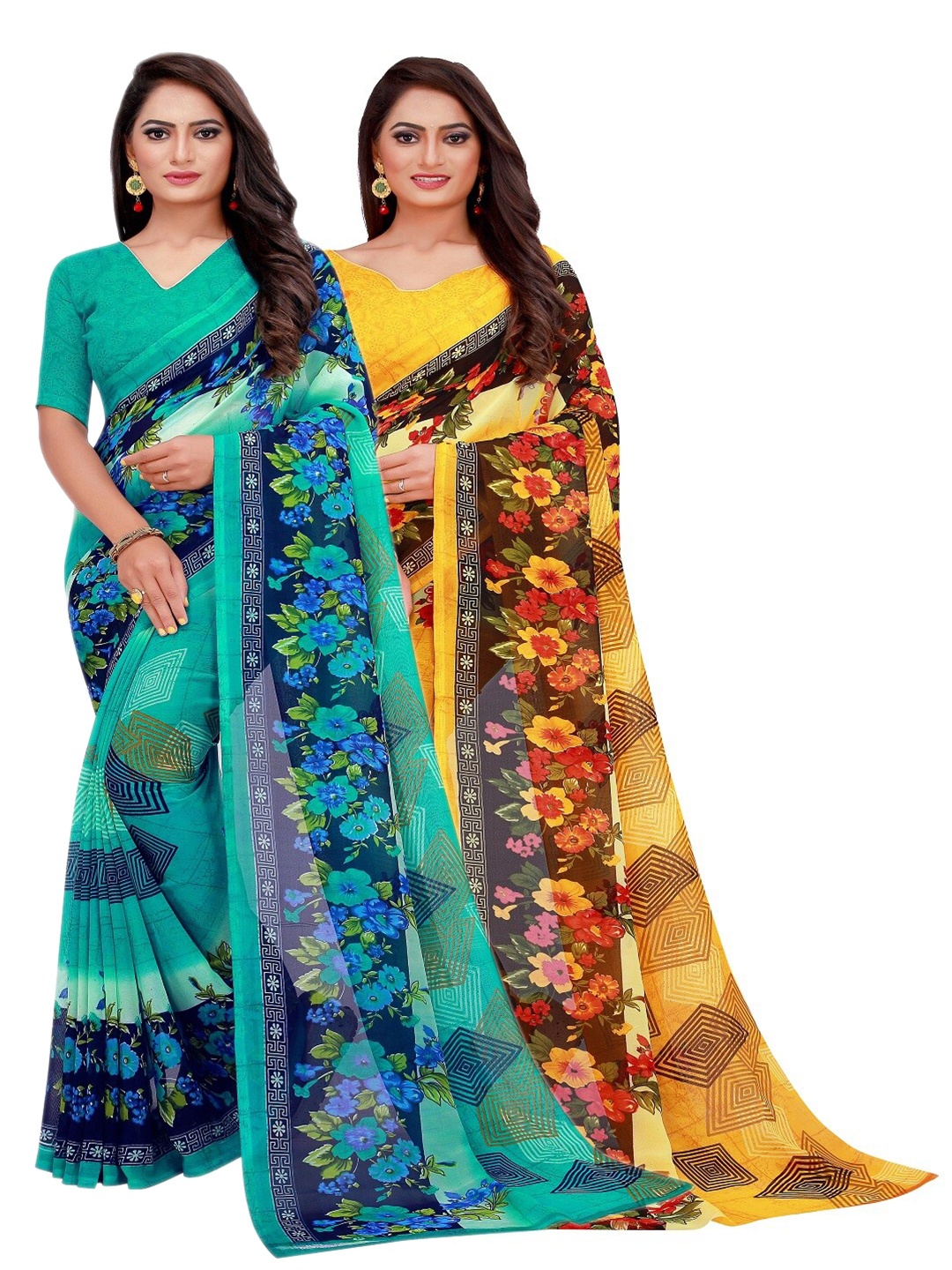 

Florence Pack Of 2 Yellow & Green Pure Georgette Saree