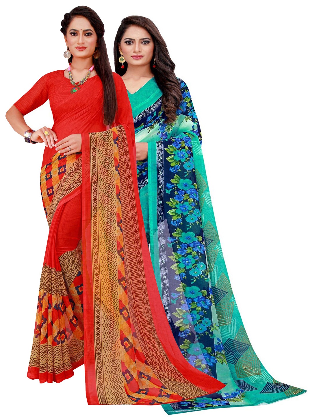 

Florence Set Of 2 Red & Turquoise Blue Floral Pure Georgette Saree