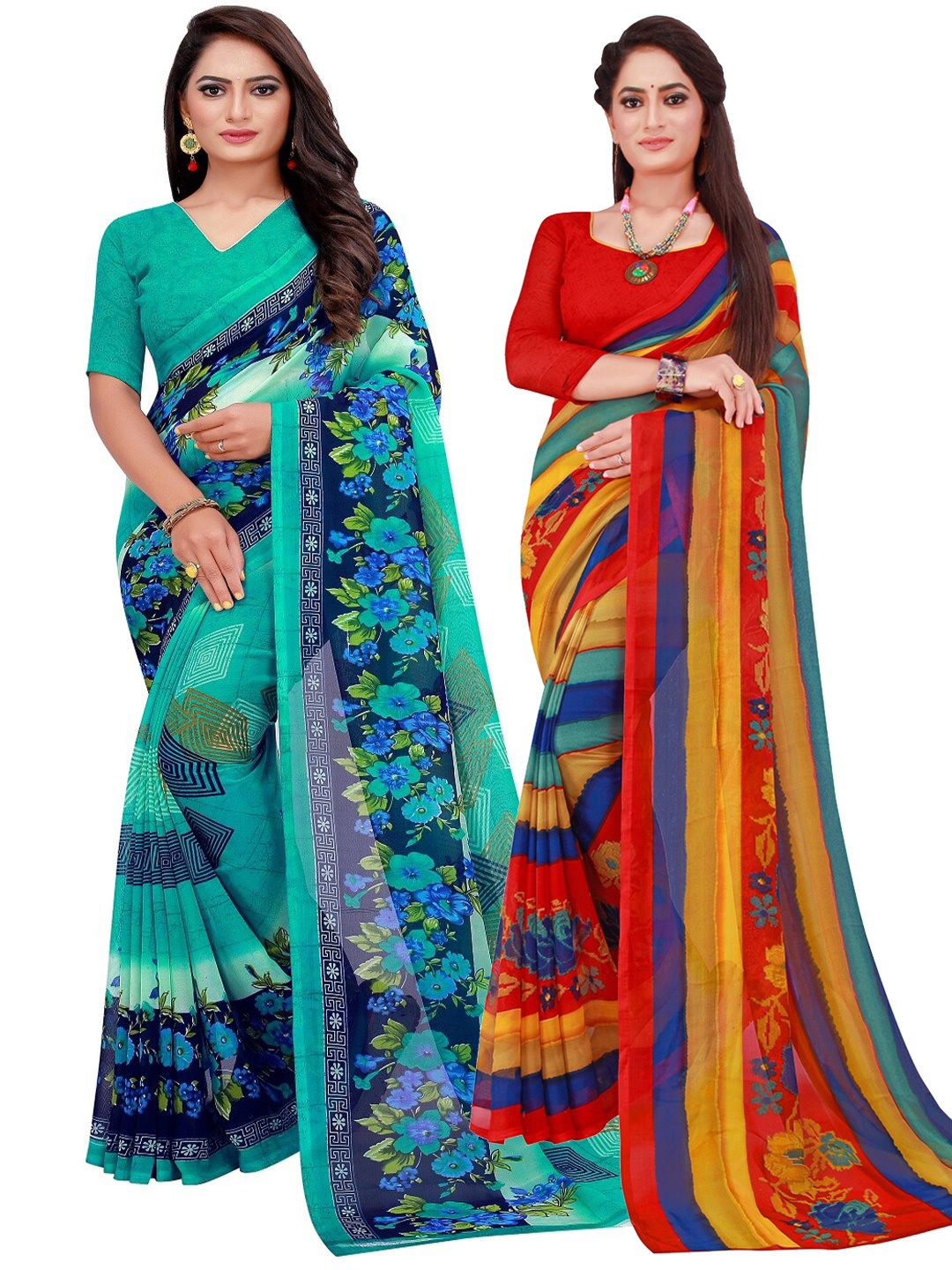 

Florence Turquoise Blue & Red Floral Printed Pure Georgette Saree Pack Of 2