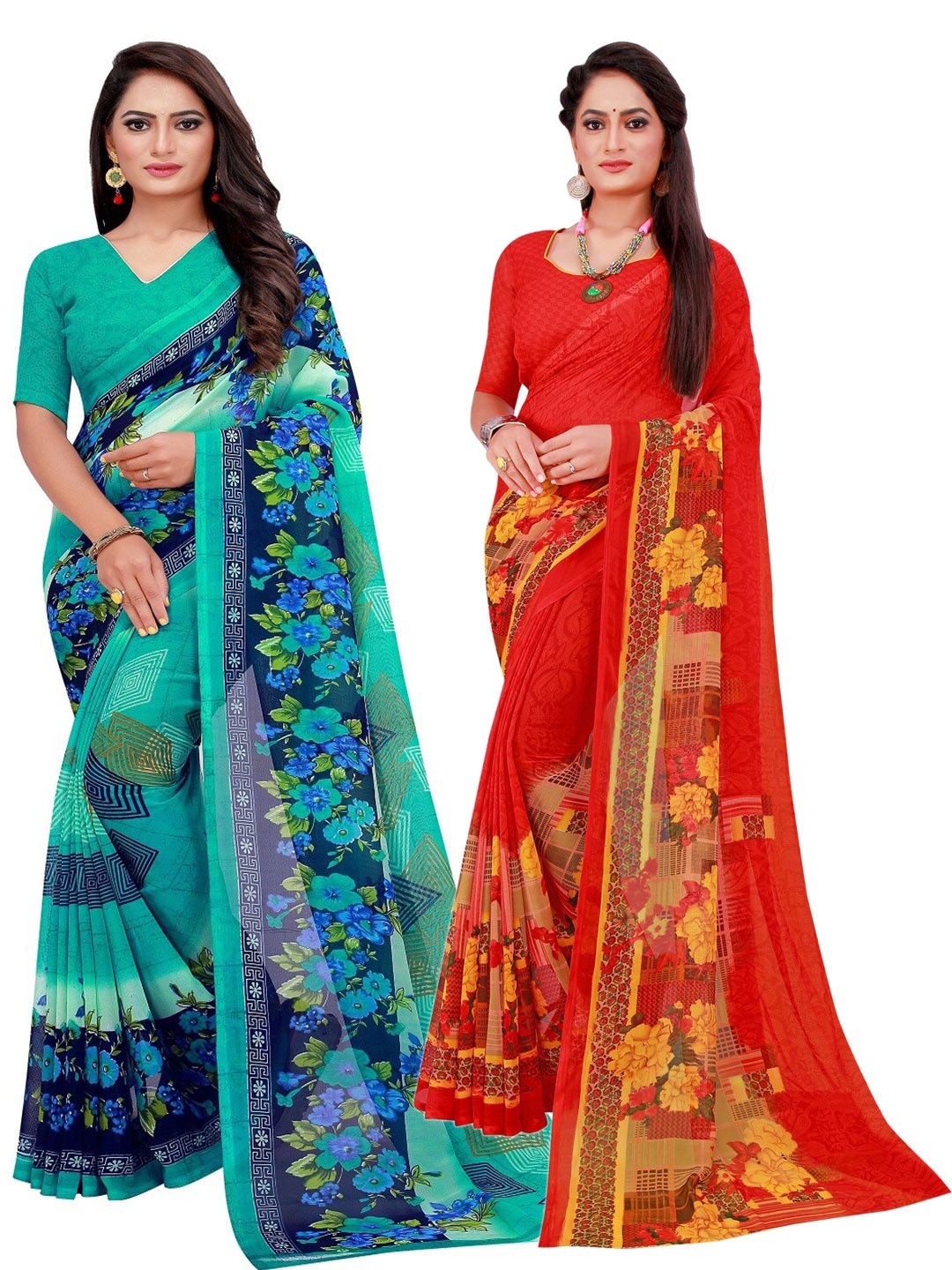 

Florence Pack of 2 Red & Green Pure Georgette Sarees