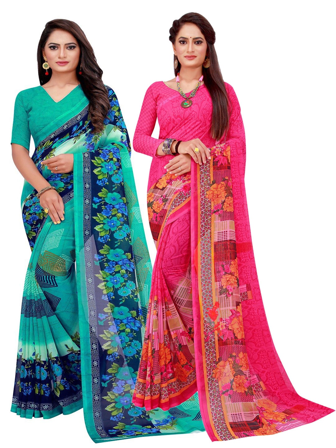 

Florence Pack Of 2 Magenta & Turquoise Blue Pure Georgette Saree