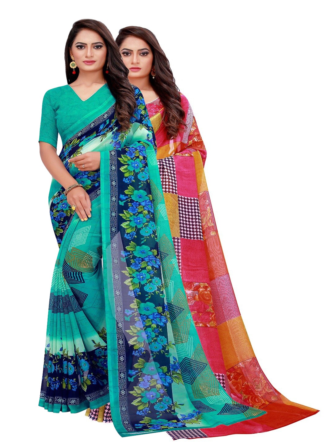 

Florence Set Of 2 Red & Turquoise Blue Floral Pure Georgette Saree