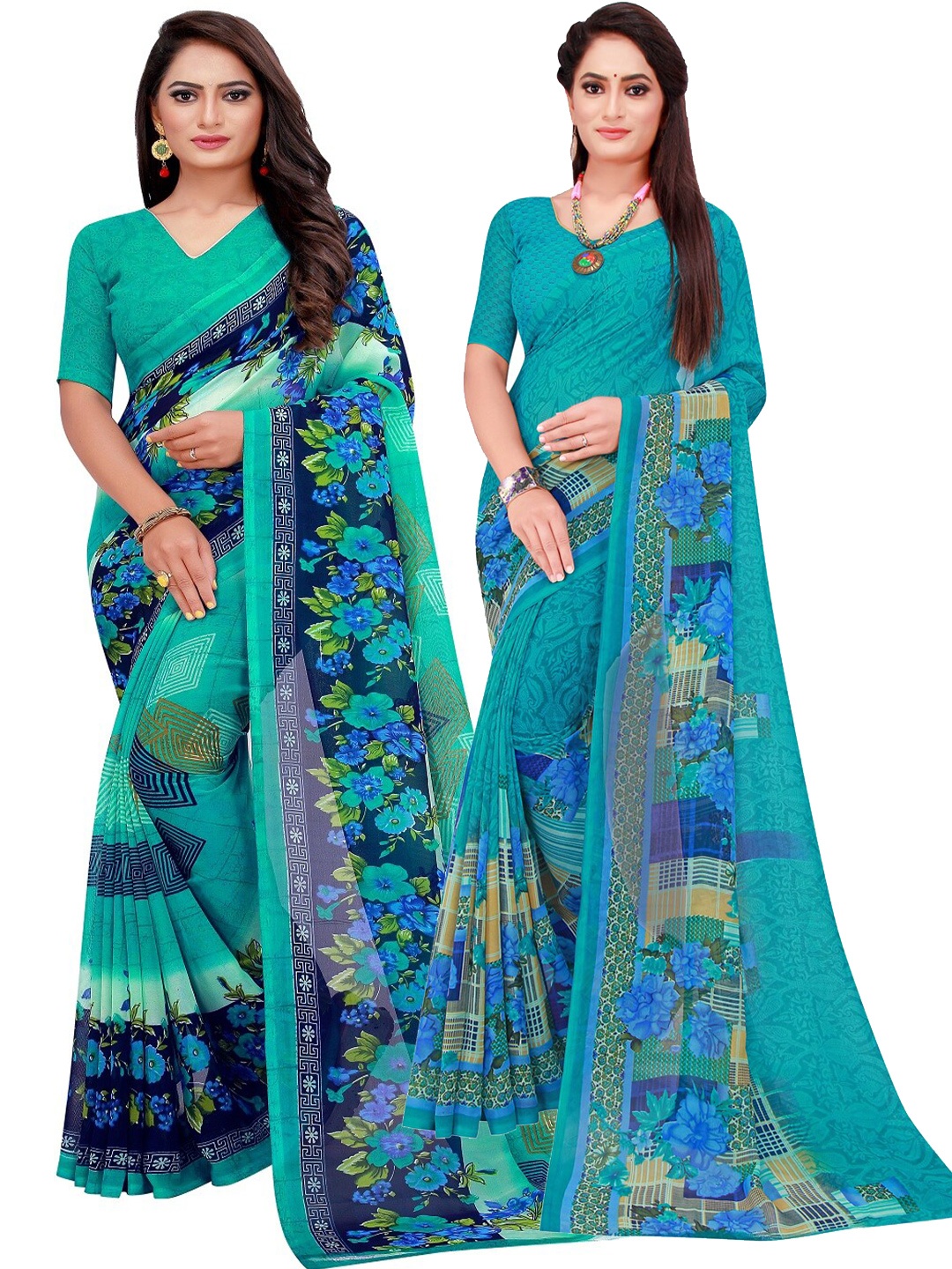 

Florence Pack of 2 Turquoise Blue & Green Floral Pure Georgette Sarees