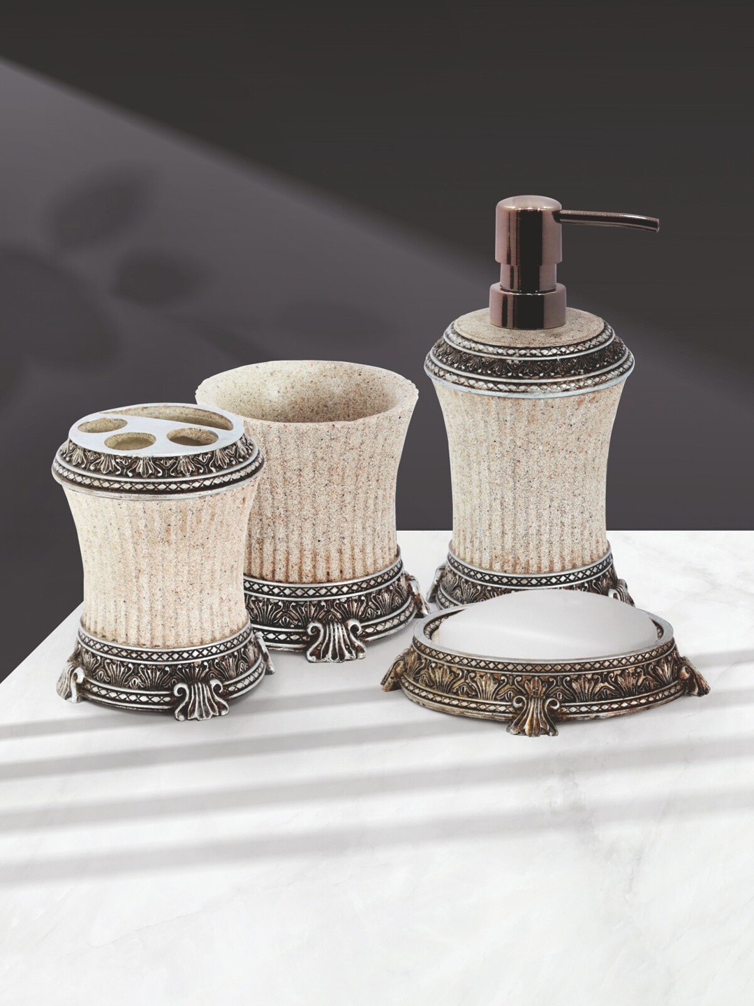 

OBSESSIONS Unisex Cream-Colored & Brown Solid Set of 4 Bathroom Accessories
