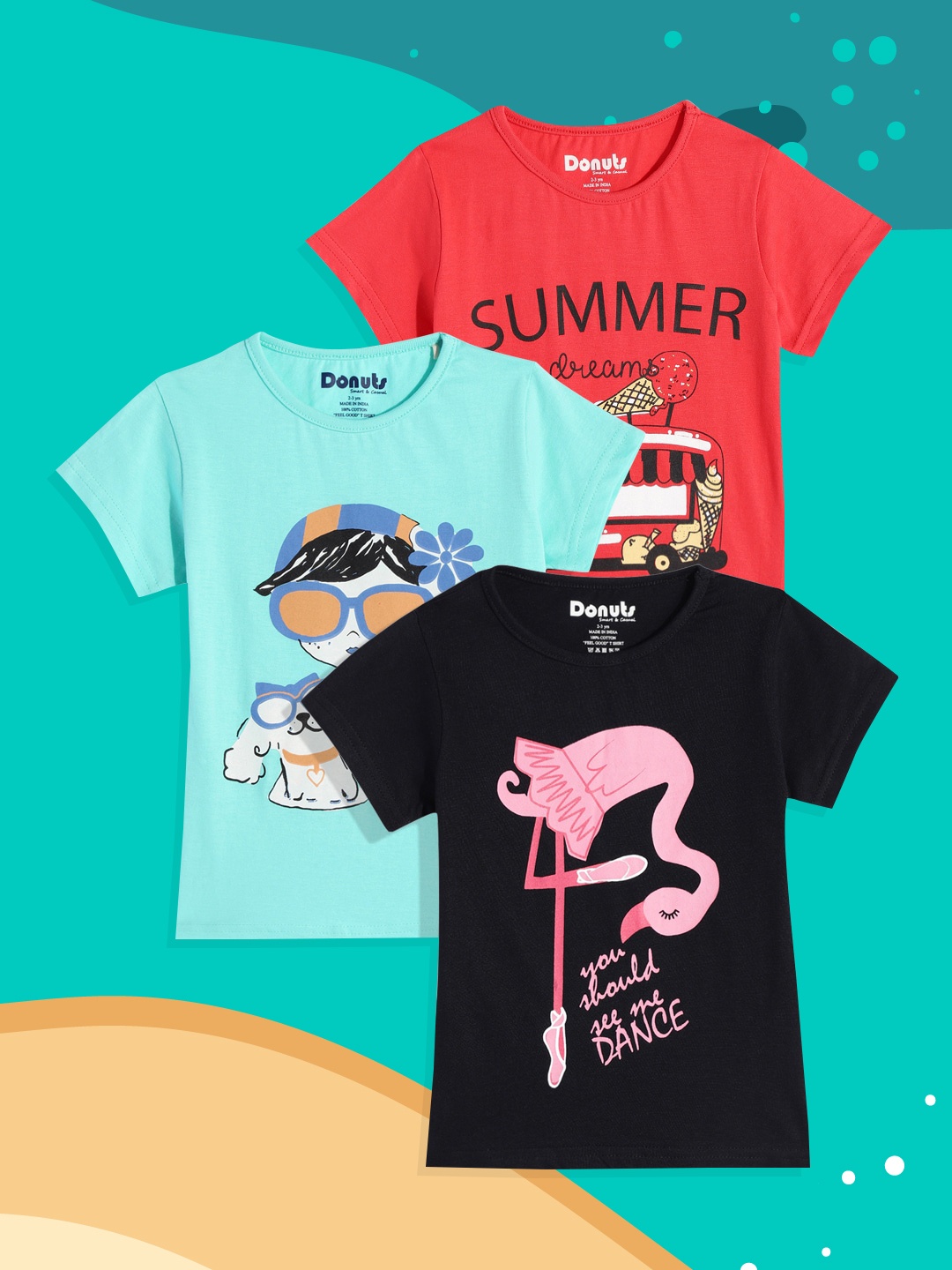 

Donuts Girls Pack of 3 Printed Pure Cotton T-shirts, Red