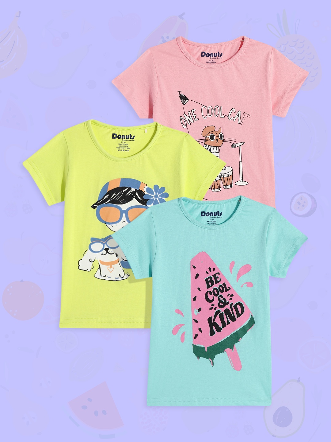 

Donuts Girls Pack of 3 Printed Pure Cotton T-shirts, Pink
