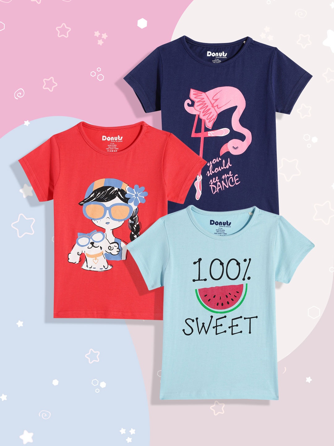 

Donuts Girls Pack of 3 Printed Pure Cotton T-shirts, Blue
