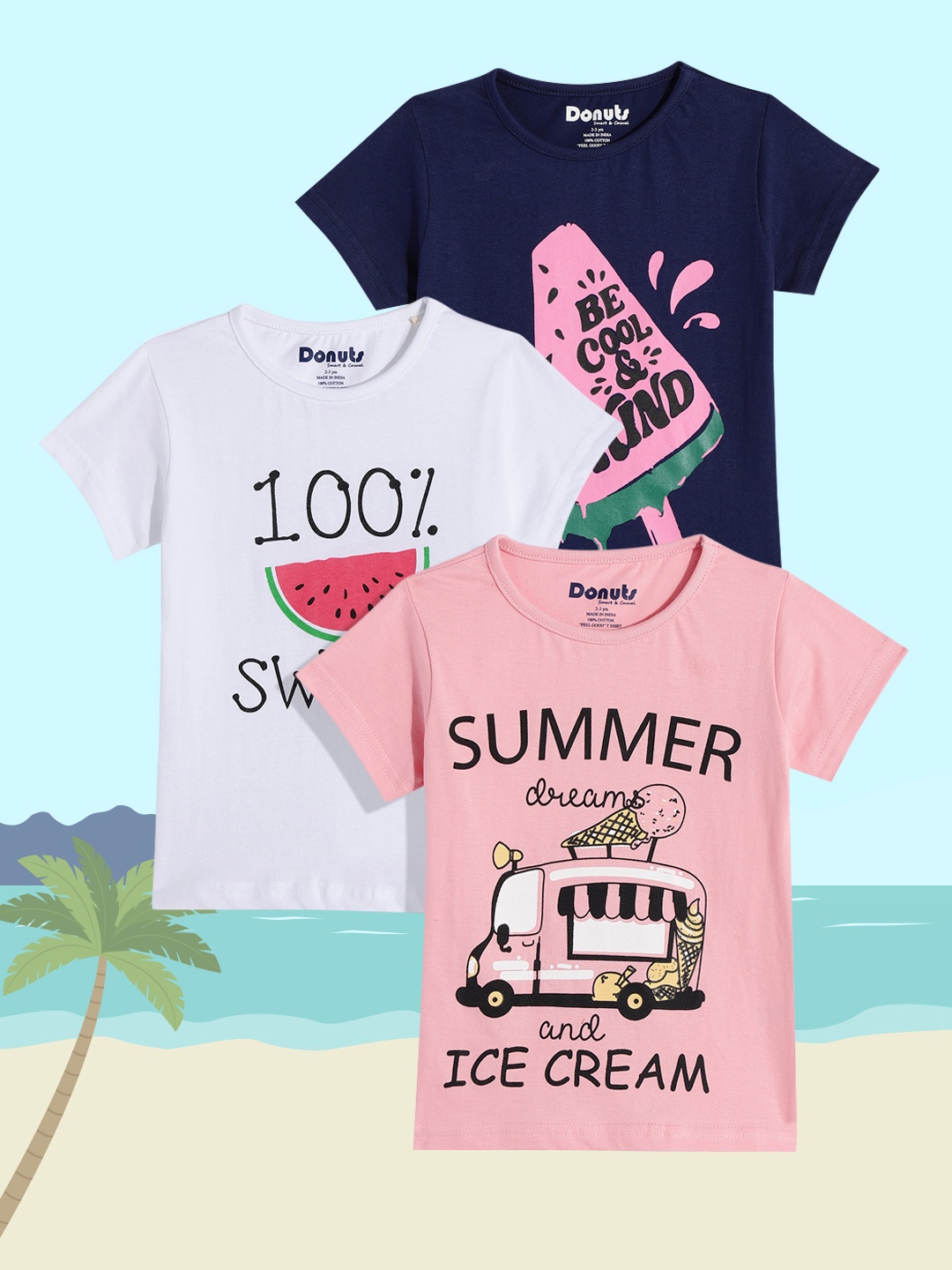 

Donuts Girls Pack of 3 Printed Pure Cotton T-shirts, Blue
