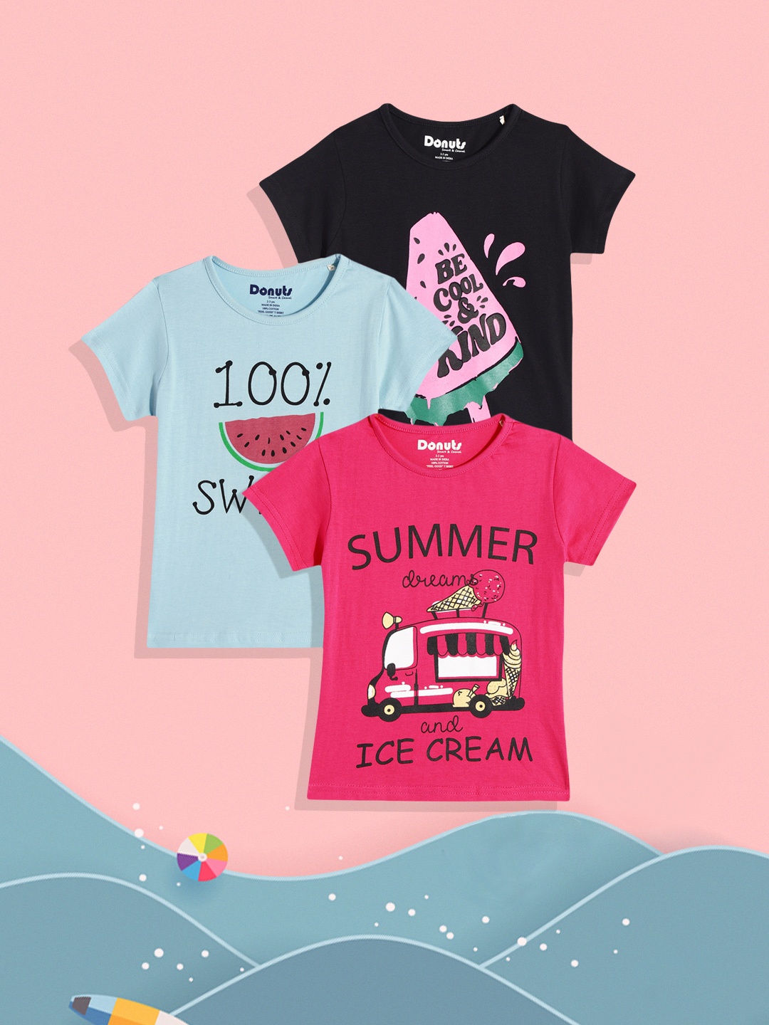 

Donuts Girls Pack of 3 Printed Pure Cotton T-shirts, Black
