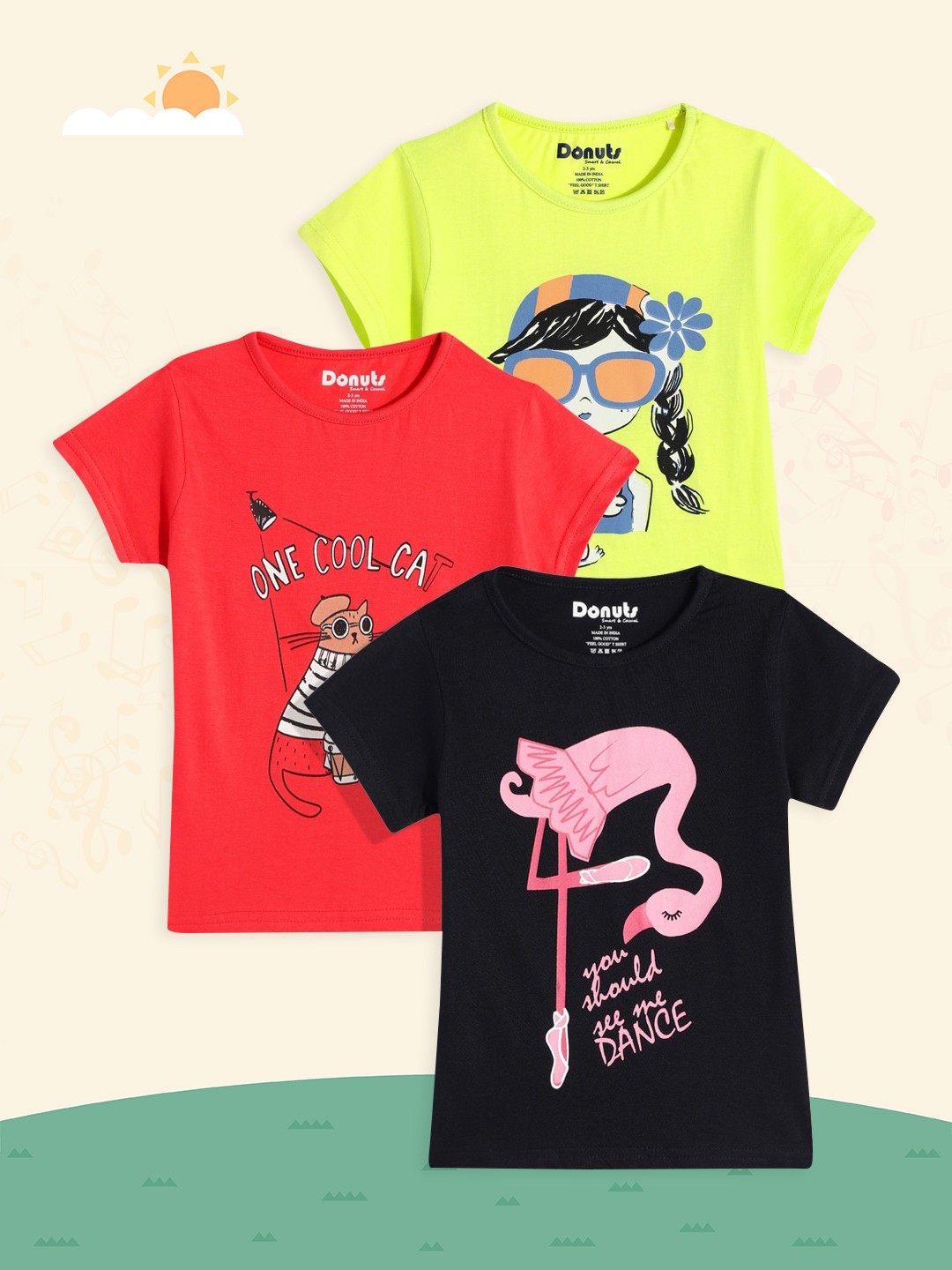 

Donuts Girls Pack of 3 Printed Pure Cotton T-shirts, Red