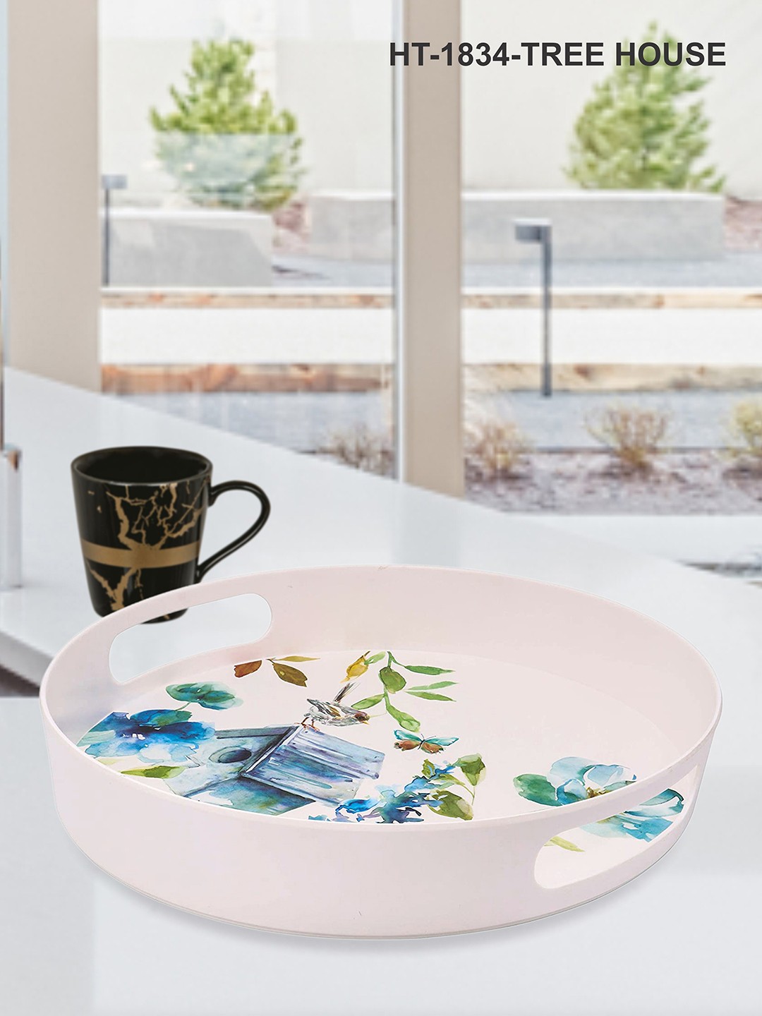 

Stehlen White & Blue Floral Printed Melamine Serving Tray with Handle