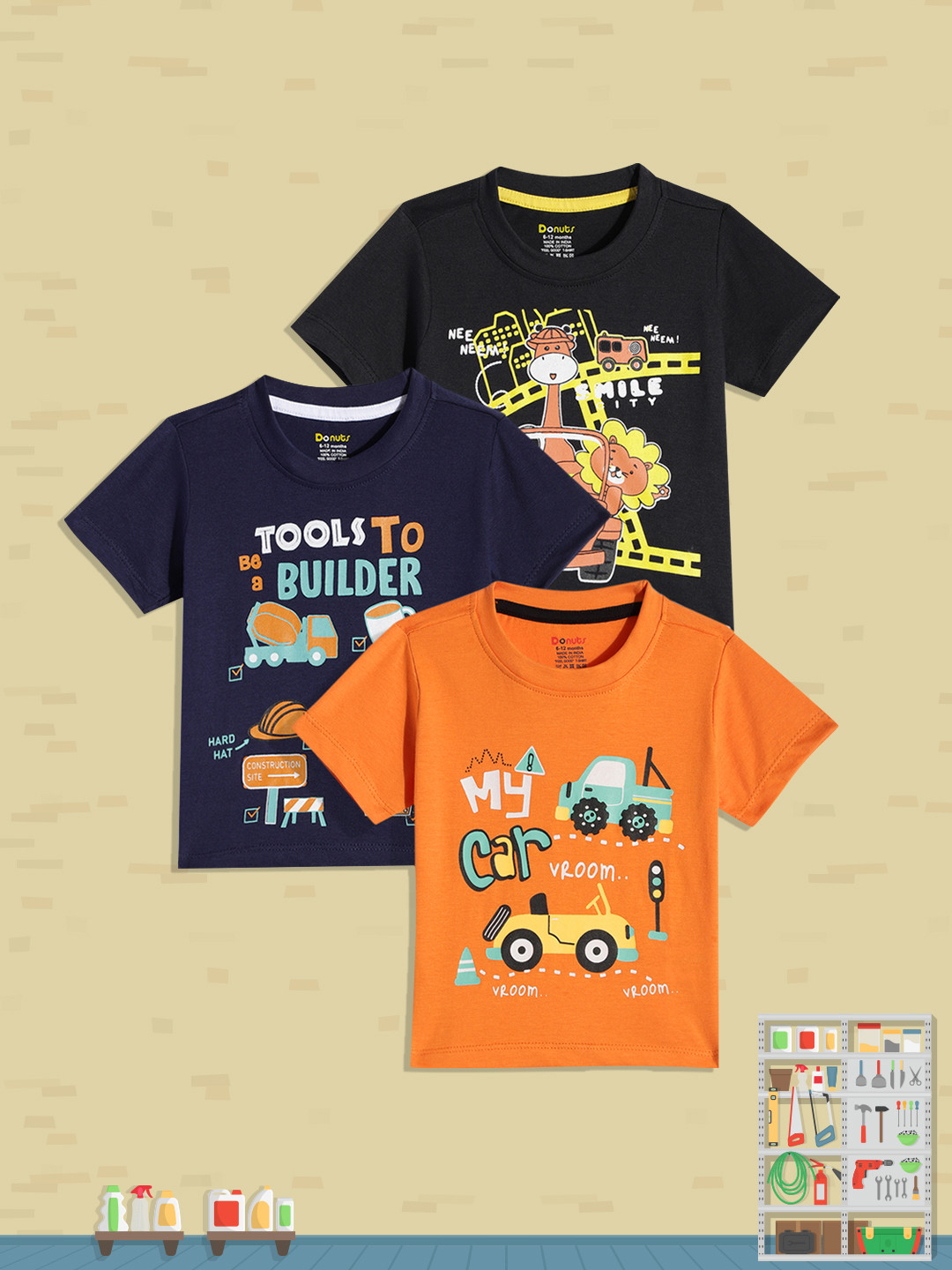 

Donuts Infant Boys 3-Pcs Printed Pure Cotton T-shirts, Black