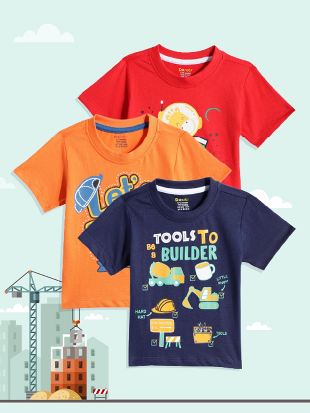 

Donuts Boys Pack of 3 Printed Pure Cotton T-shirts, Red