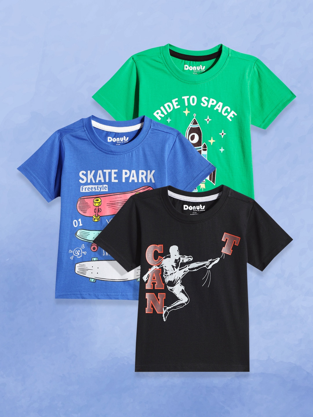

Donuts Boys Pack of 3 Printed Pure Cotton T-shirts, Blue