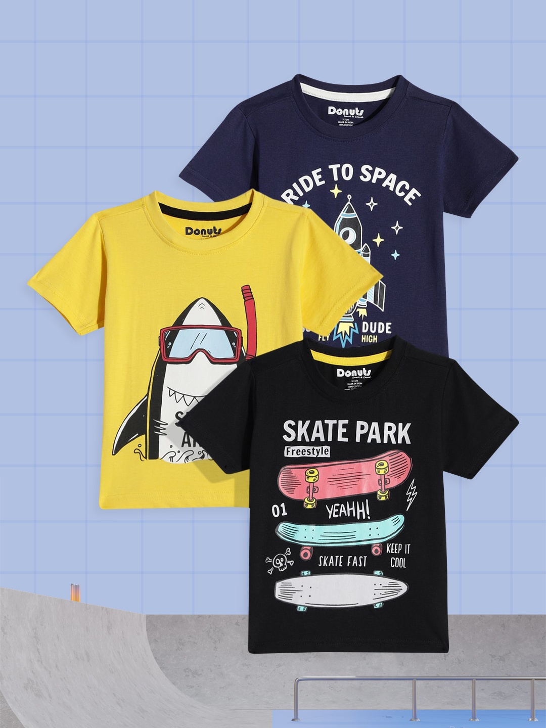 

Donuts Boys Pack of 3 Printed Pure Cotton T-shirts, Navy blue