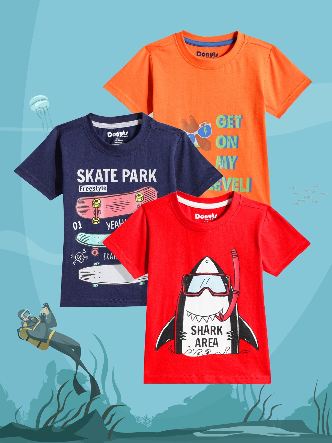 

Donuts Boys Pack of 3 Printed Pure Cotton T-shirts, Red
