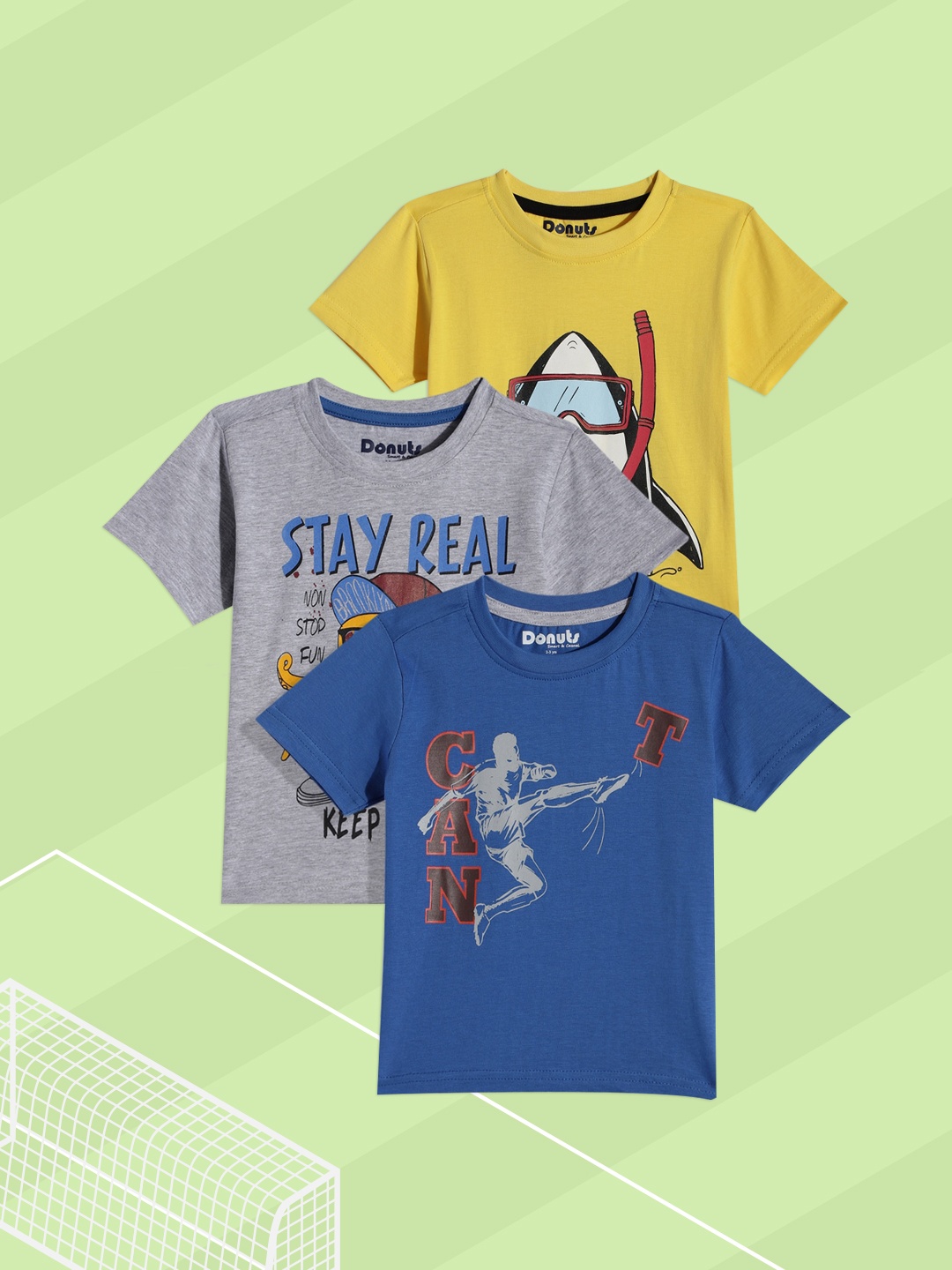 

Donuts Boys Pack of 3 Printed Pure Cotton T-shirts, Grey melange