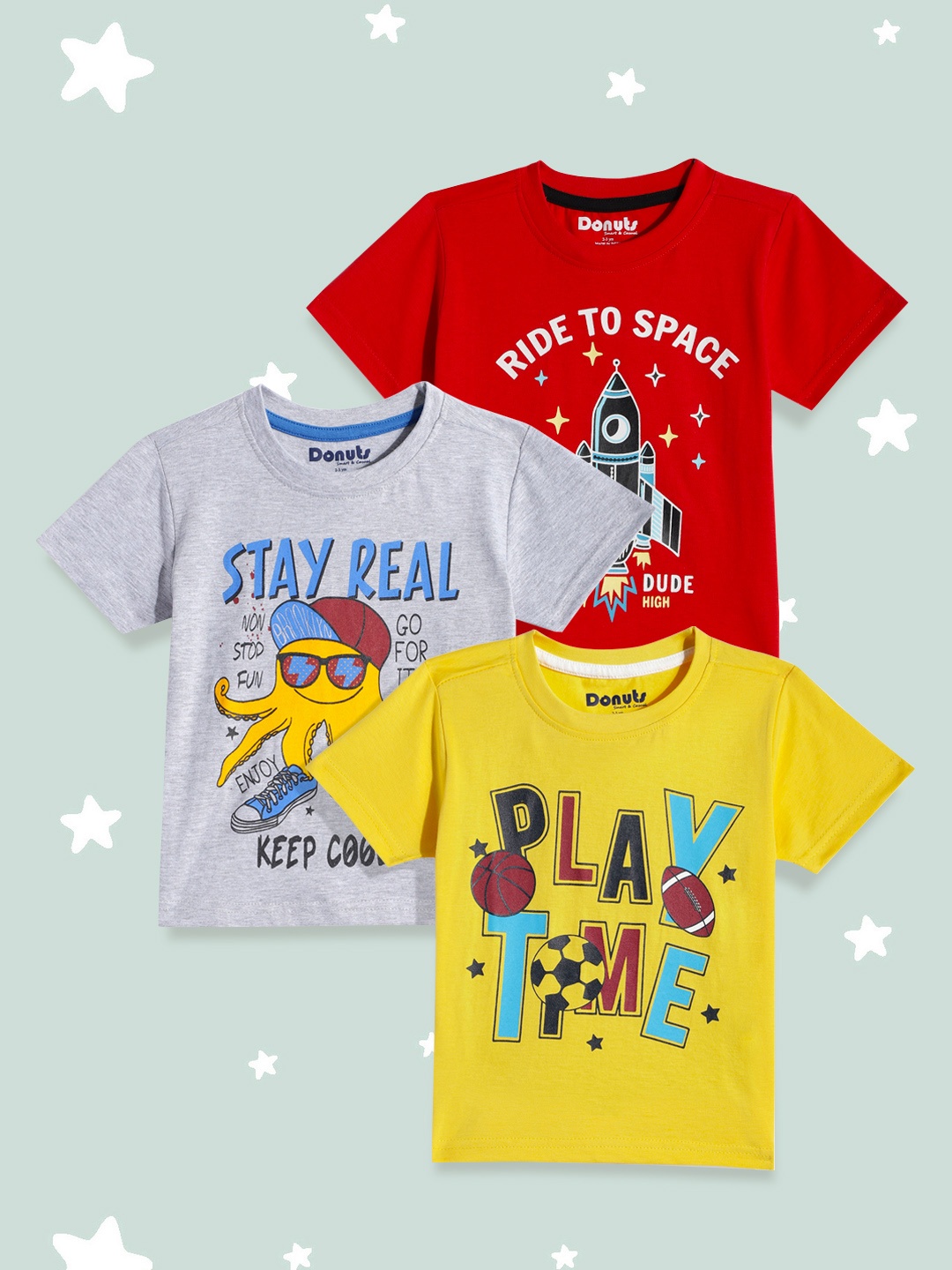 

Donuts Boys Pack of 3 Printed Pure Cotton T-shirts, Grey melange