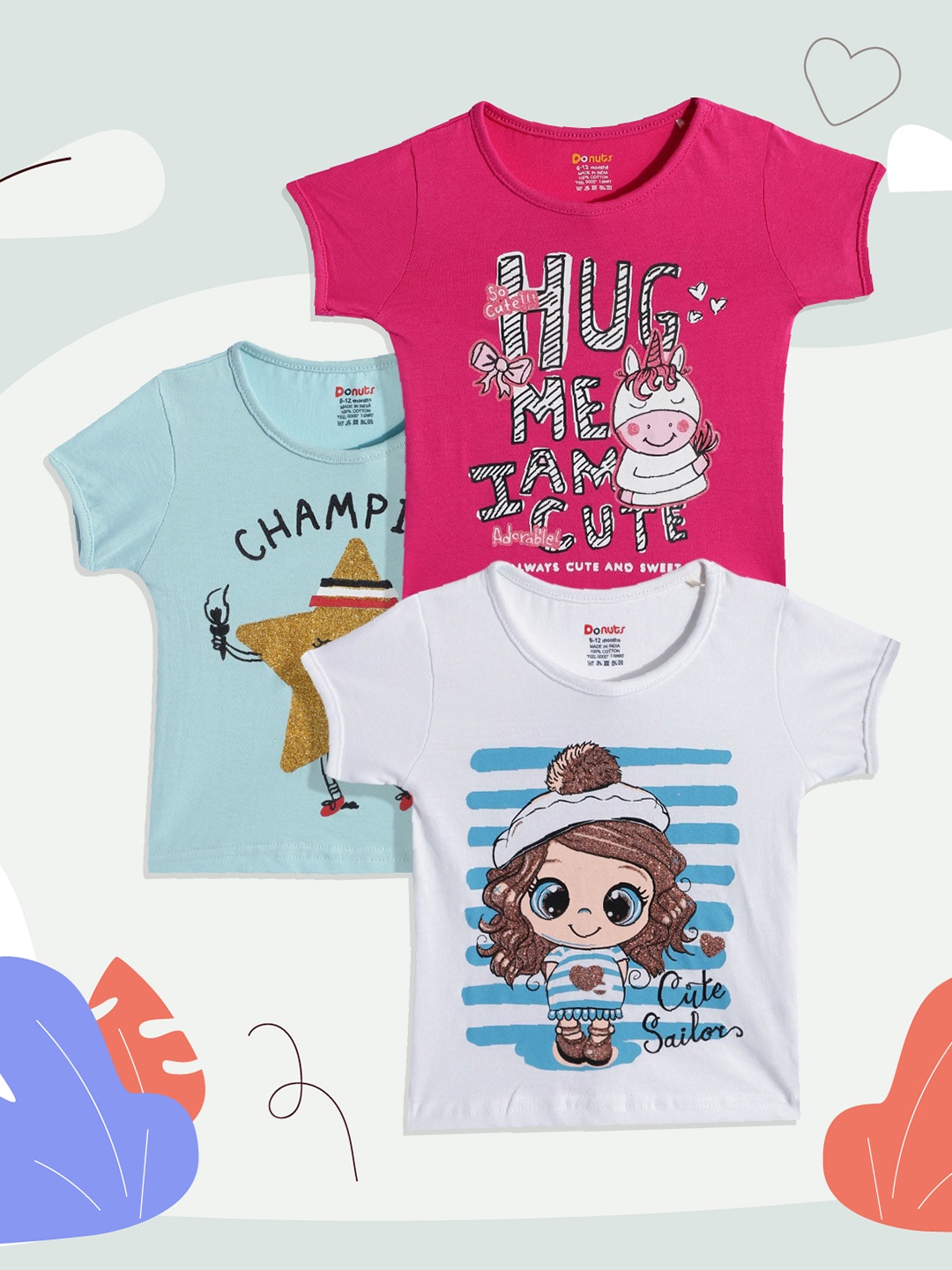 

Donuts Girls Pack Of 3 Printed Pure Cotton T-shirt, Pink