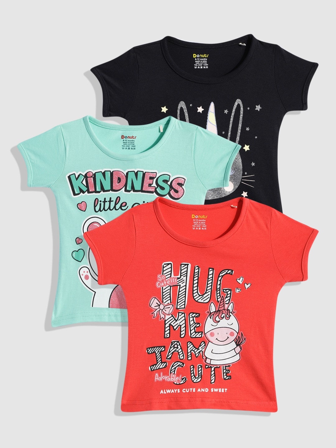 

Donuts Girls Pack Of 3 Printed Pure Cotton T-shirt, Red