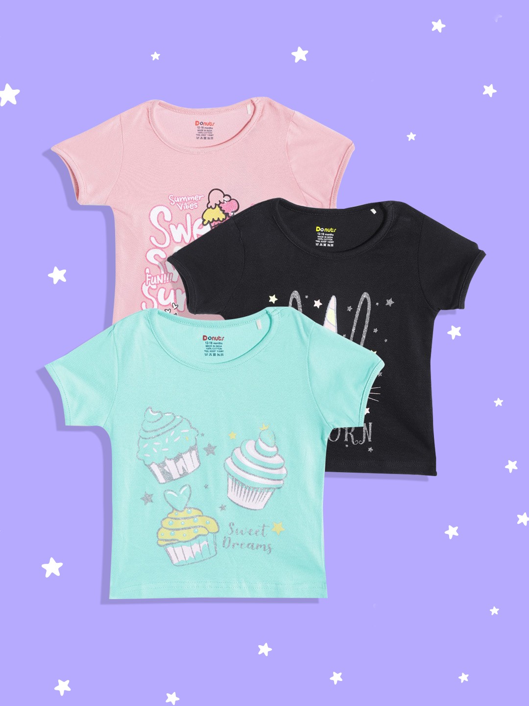 

Donuts Infant Girls Pack of 3 Printed Pure Cotton T-shirts, Black