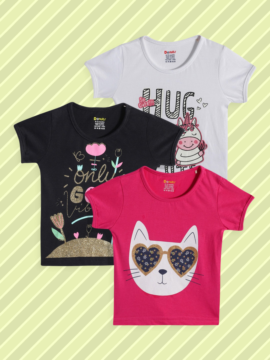 

Donuts Infant Girls Pack Of 3 Printed Pure Cotton T-shirt, Pink