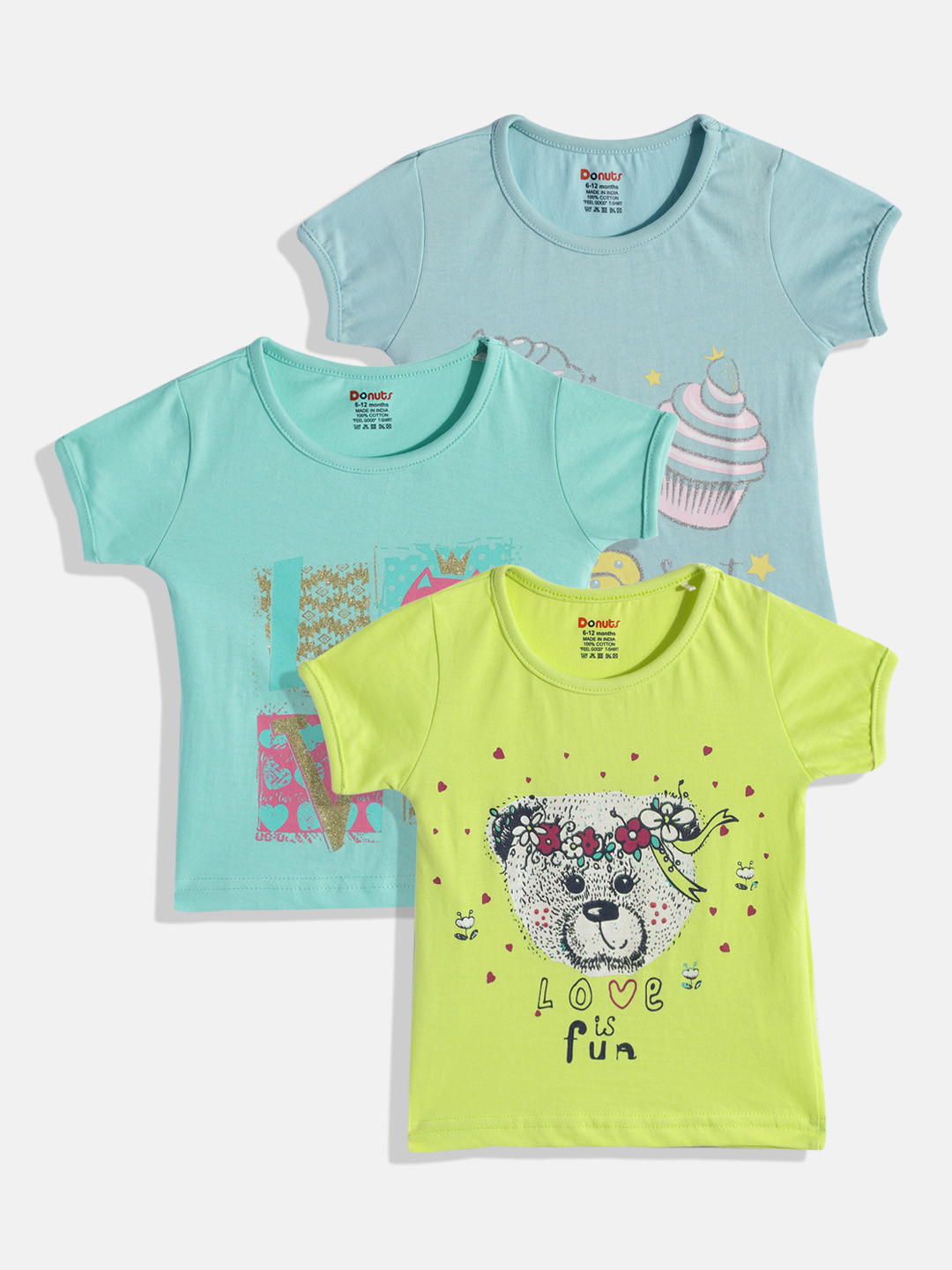 

Donuts Girls Blue & Green Pack of 3 Printed Round Neck Regular Sleeves Pure Cotton T-shirt