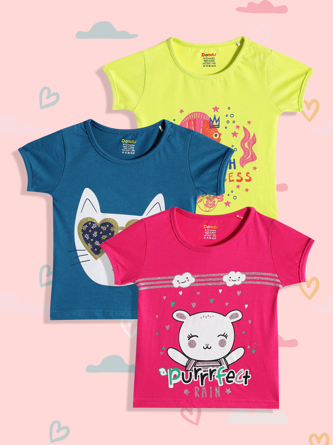 

Donuts Girls Fuchsia Pink & Green Pack of 3 Printed Round Neck Pure Cotton T-shirt