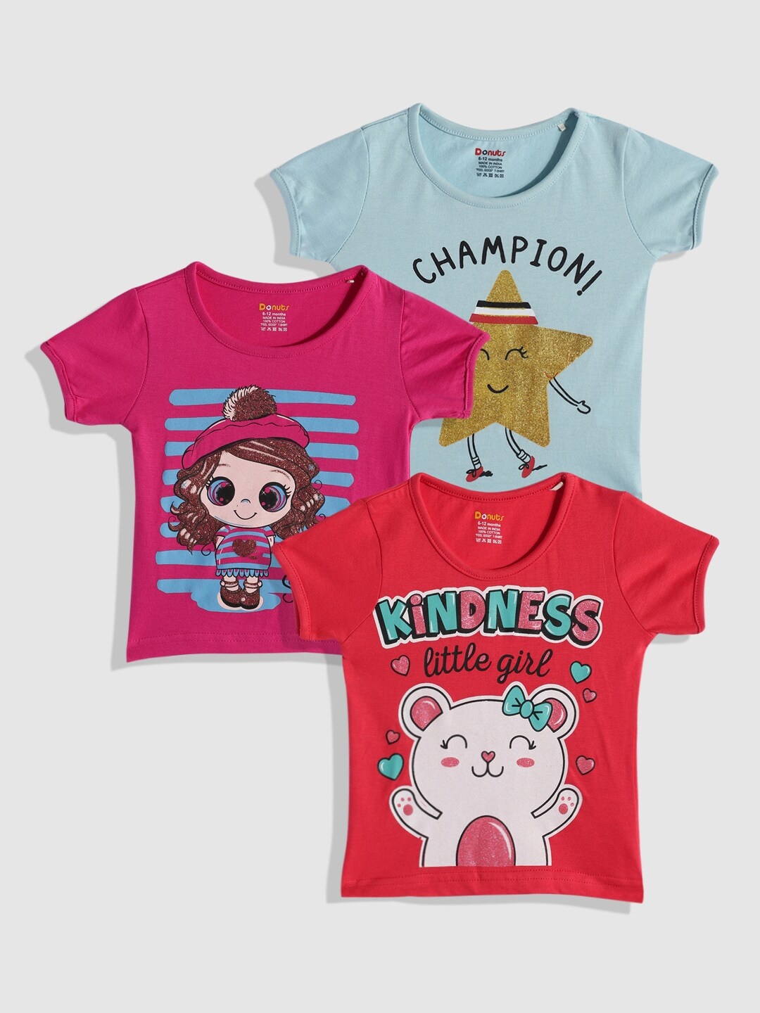 

Donuts Infant Girls Pack Of 3 Printed Pure Cotton T-shirt, Red