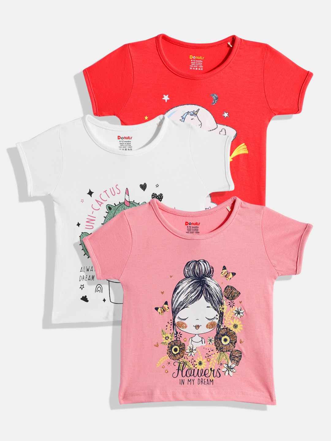 

Donuts Girls Pack Of 3 Printed Pure Cotton T-shirt, Red