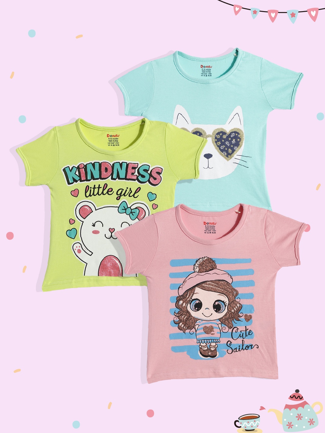 

Donuts Infant Girls Pack Of 3 Printed Pure Cotton T-shirt, Pink