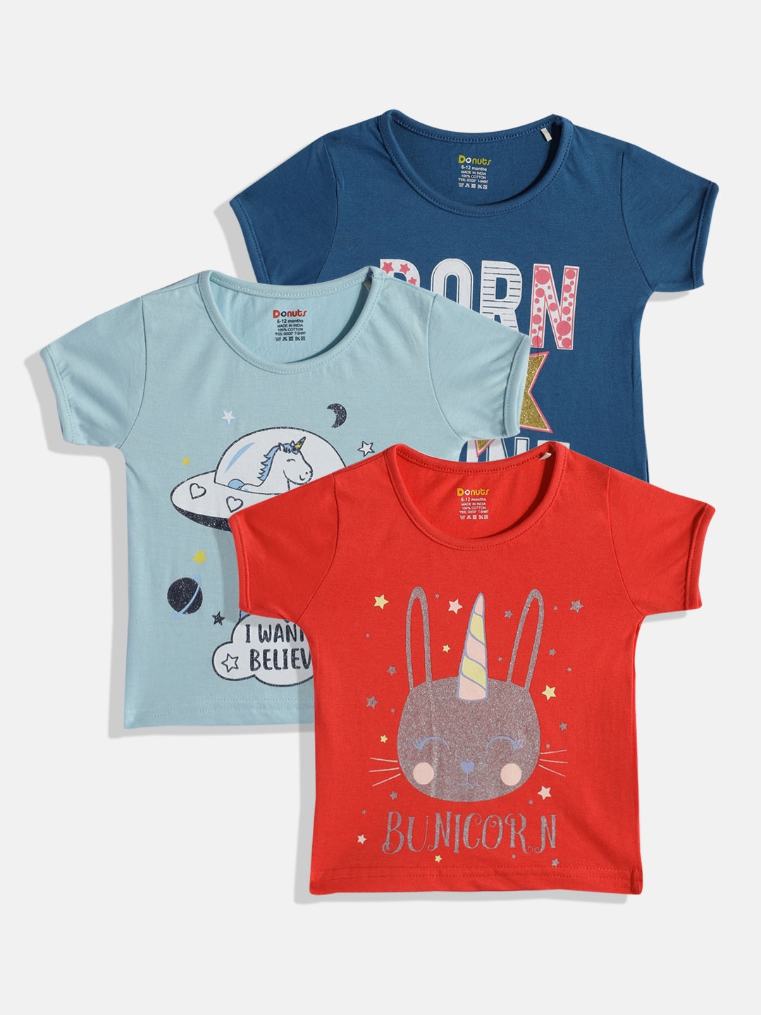 

Donuts Girls Pack Of 3 Printed Pure Cotton T-shirt, Red