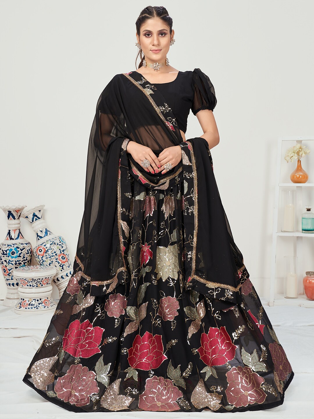 

WHITE FIRE Black & Red Sequinned Semi-Stitched Lehenga & Unstitched Blouse With Dupatta