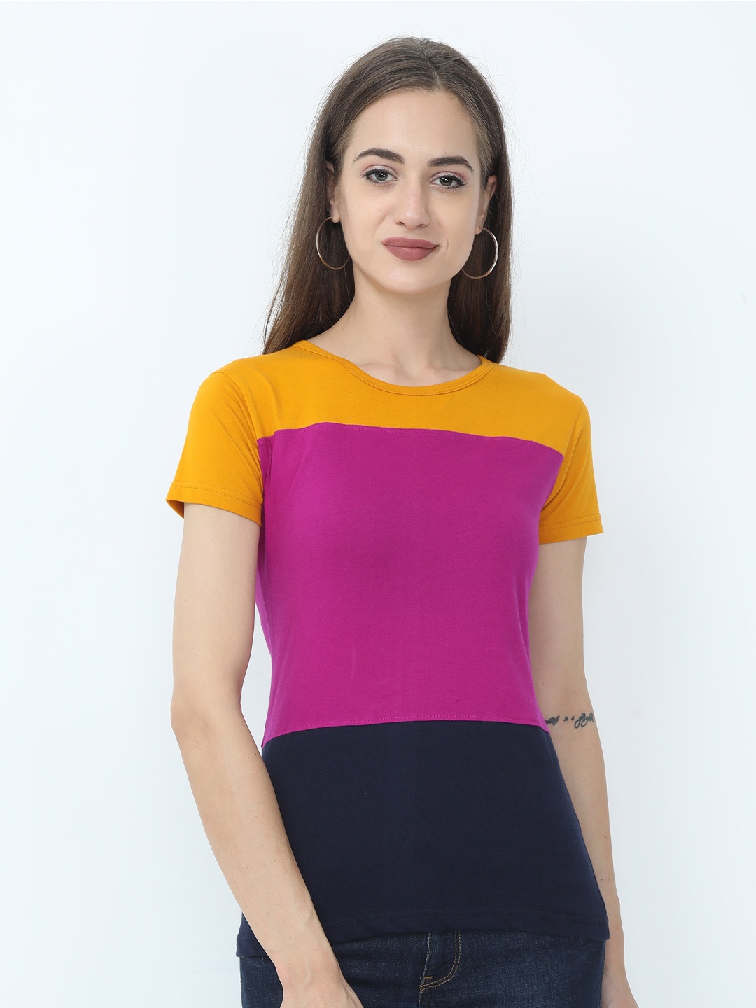

Fleximaa Women Pink & Navy Blue Colourblocked T-shirt