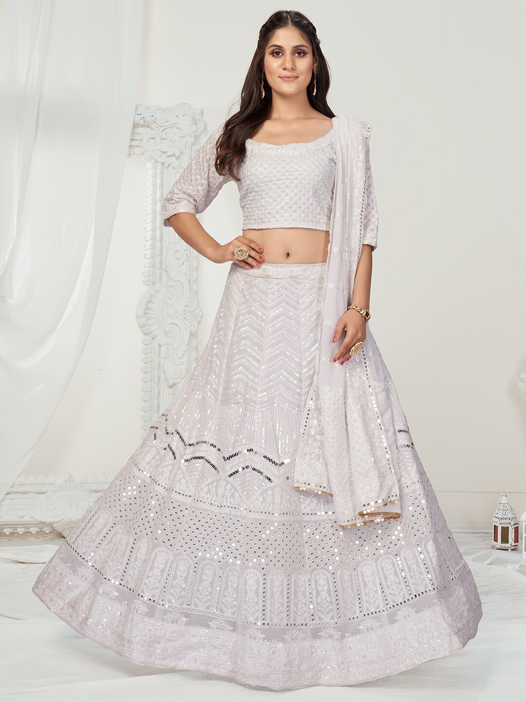 

WHITE FIRE White Embroidered Sequinned Semi-Stitched Lehenga & Unstitched Blouse With Dupatta