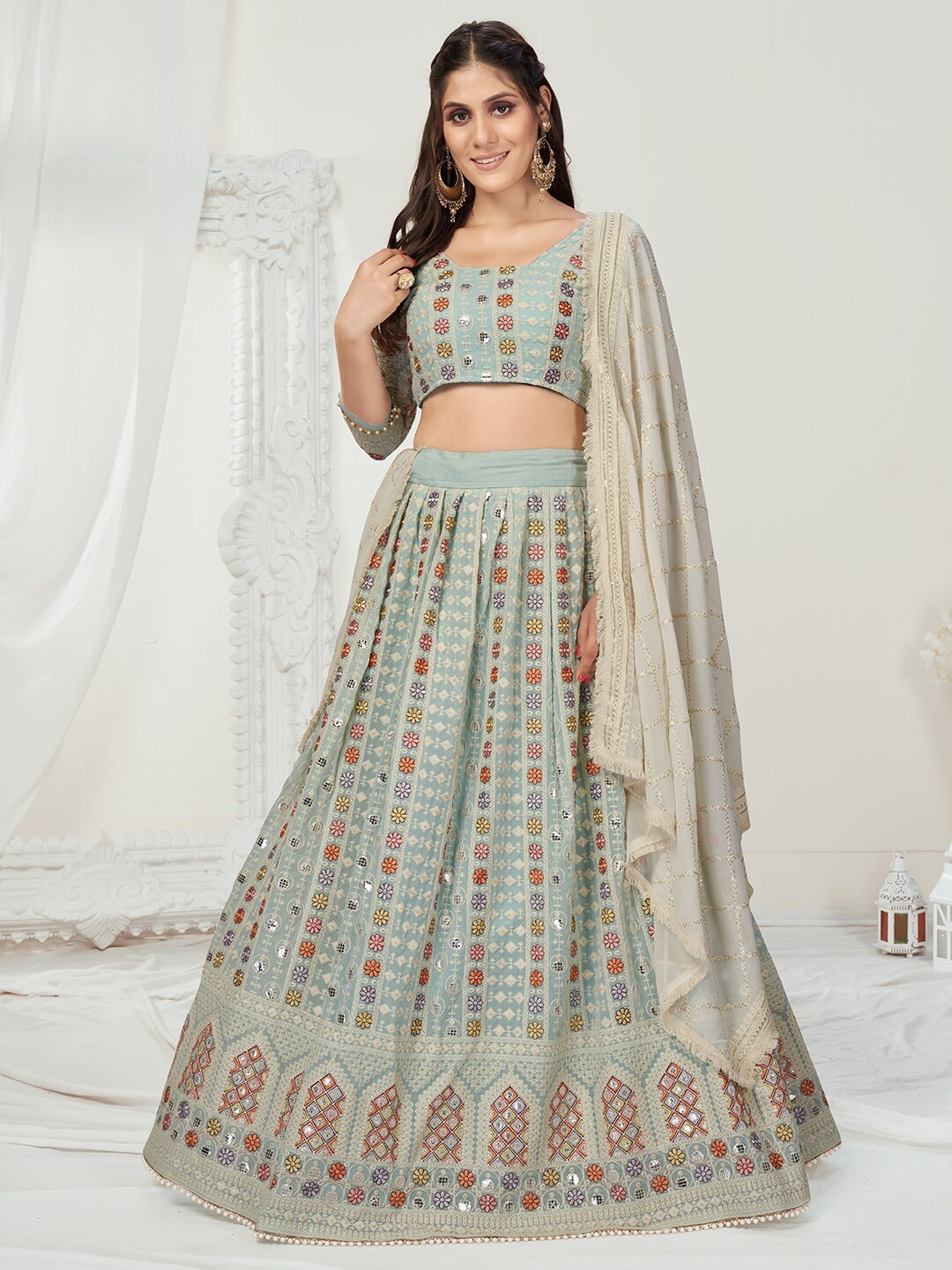 

WHITE FIRE Blue Embroidered Semi-Stitched Lehenga & Unstitched Blouse With Dupatta