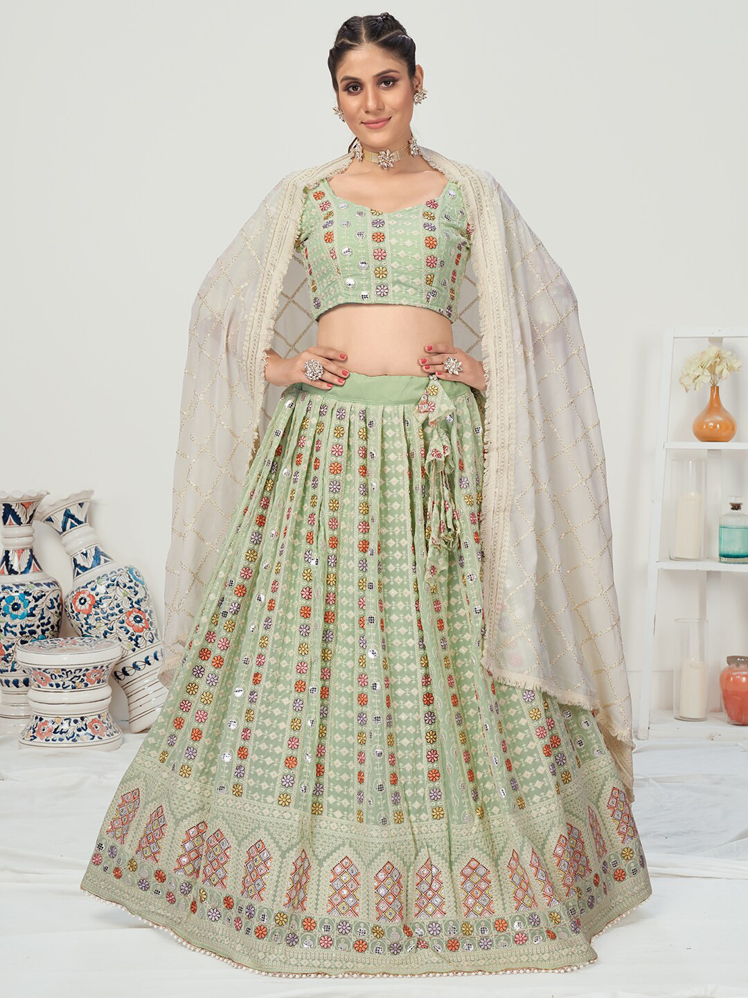 

WHITE FIRE Green & Yellow Embroidered Semi-Stitched Lehenga & Unstitched Blouse With Dupatta