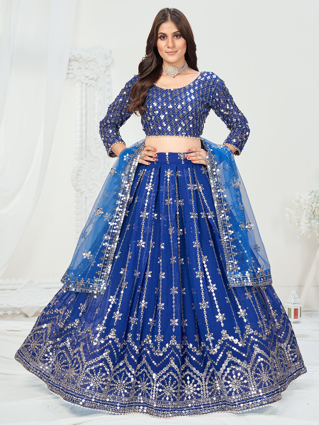 

WHITE FIRE Blue & Silver-Toned Embellished Sequinned Semi-Stitched Lehenga & Unstitched Blouse With Dupatta