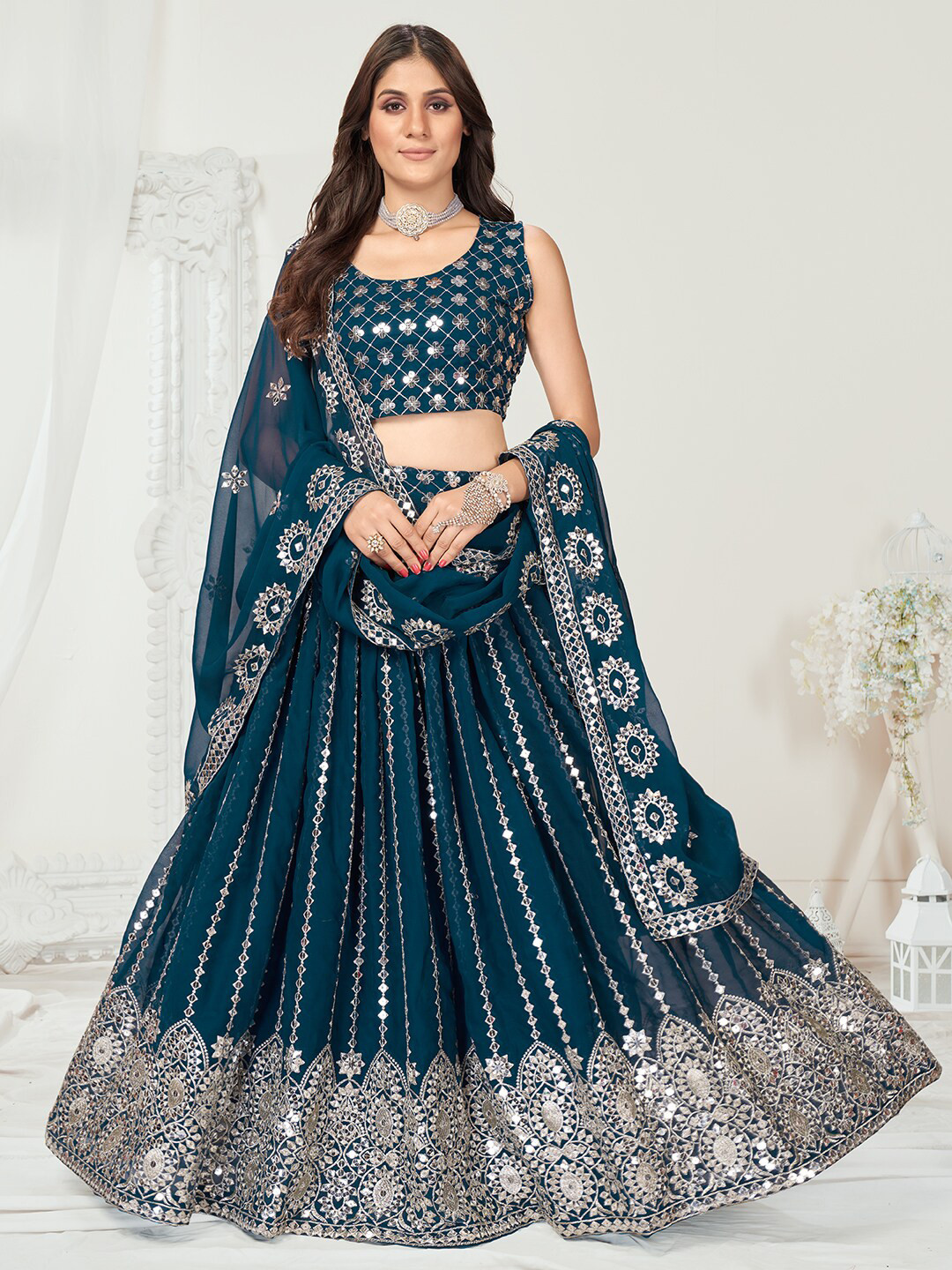 

WHITE FIRE Blue & Silver-Toned Thread Work Semi-Stitched Lehenga & Unstitched Blouse With Dupatta