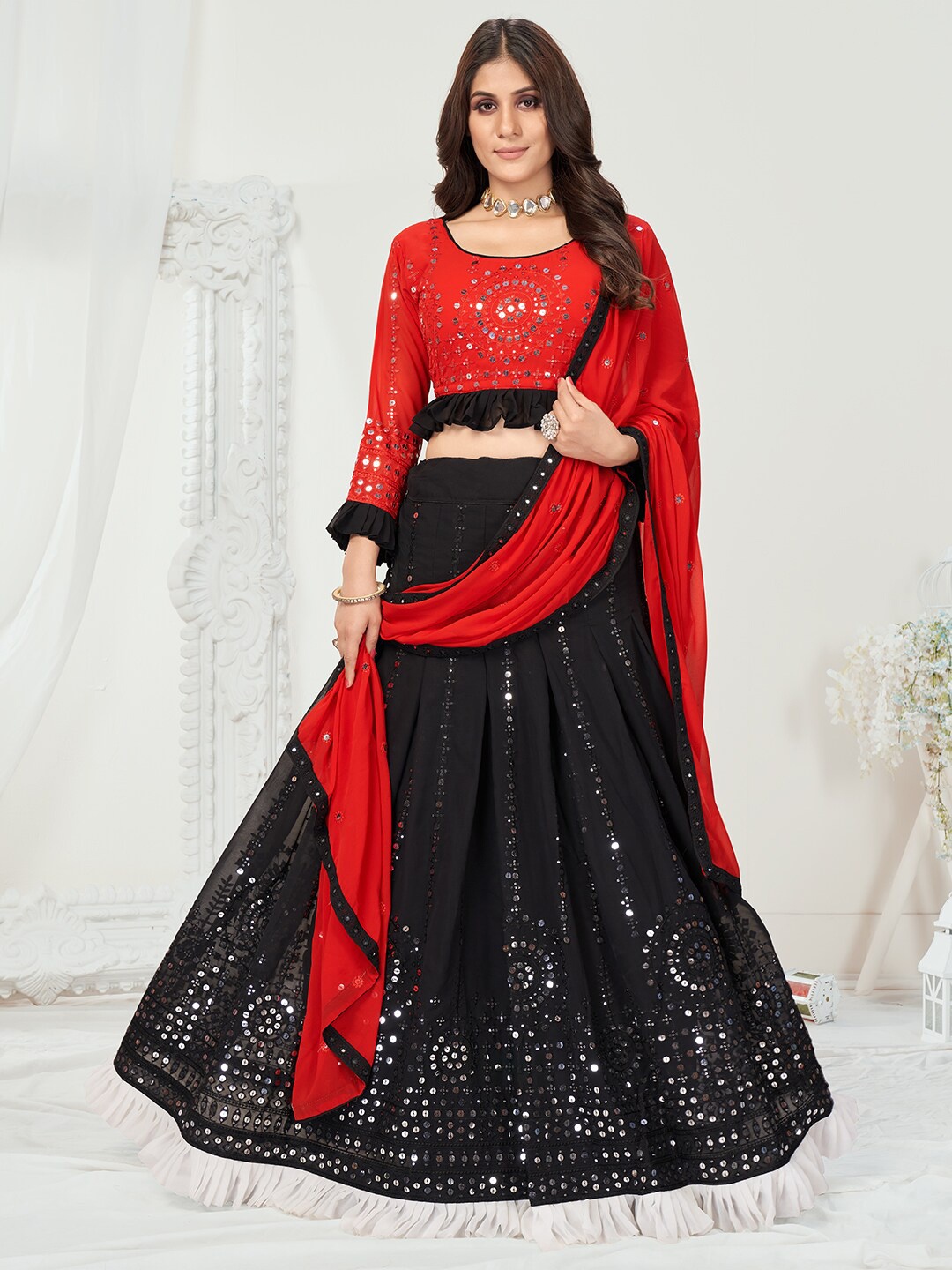 

WHITE FIRE Black & Red Embellished Sequinned Semi-Stitched Lehenga & Unstitched Blouse With Dupatta