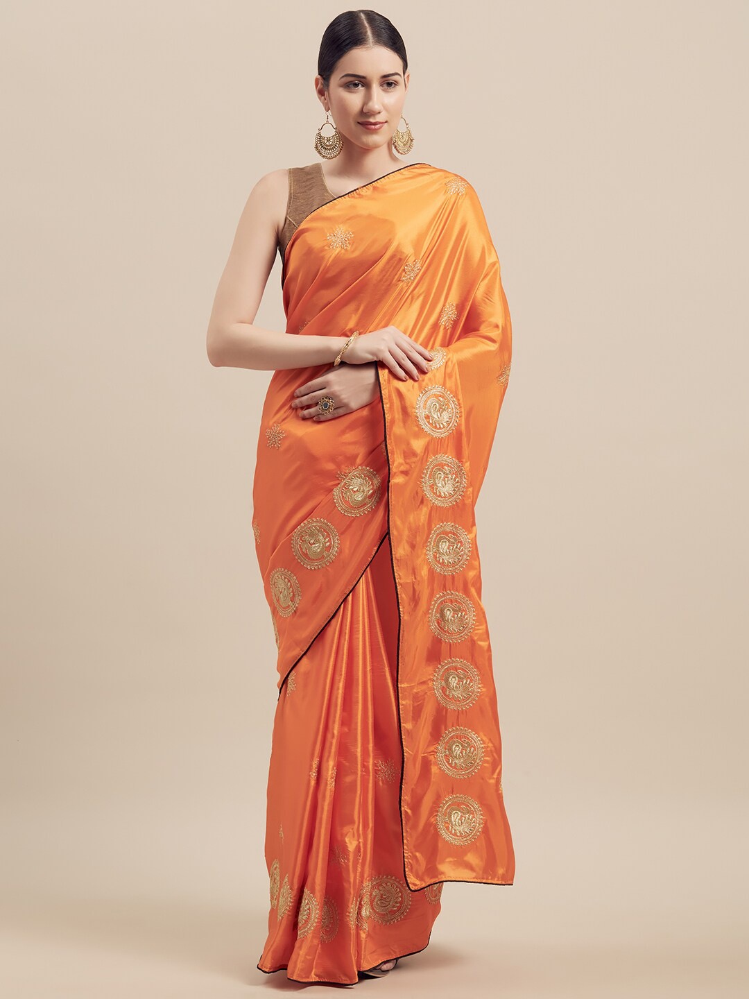 

KALINI Orange & Golden Ethnic Motifs Silk Blend Saree