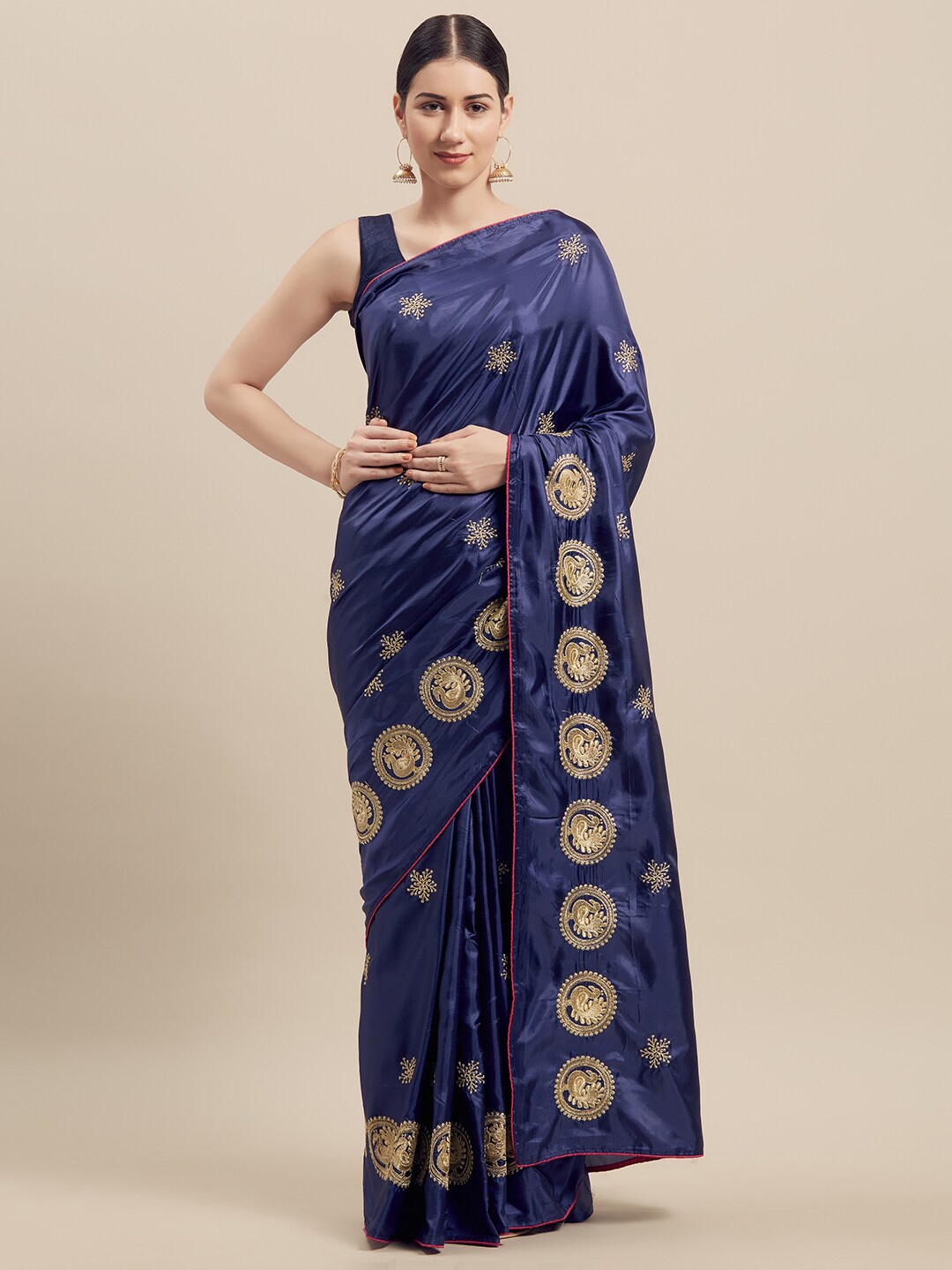 

KALINI Blue & Gold-Toned Ethnic Motifs Embroidered Silk Blend Saree
