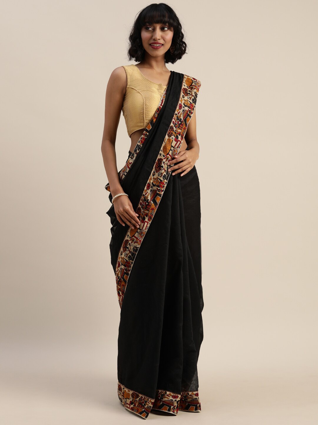 

KALINI Black & Off White Solid Chanderi Cotton Saree