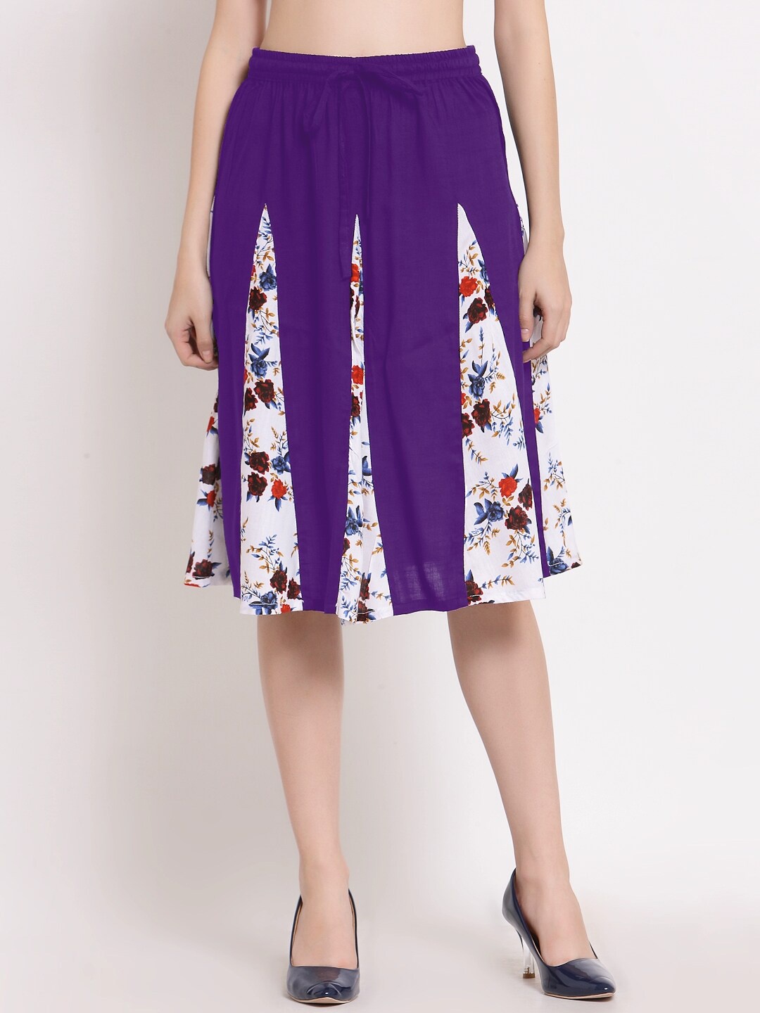 

PATRORNA Women Purple & White Printed Flared Skirt With Contrast Pleated Detailing