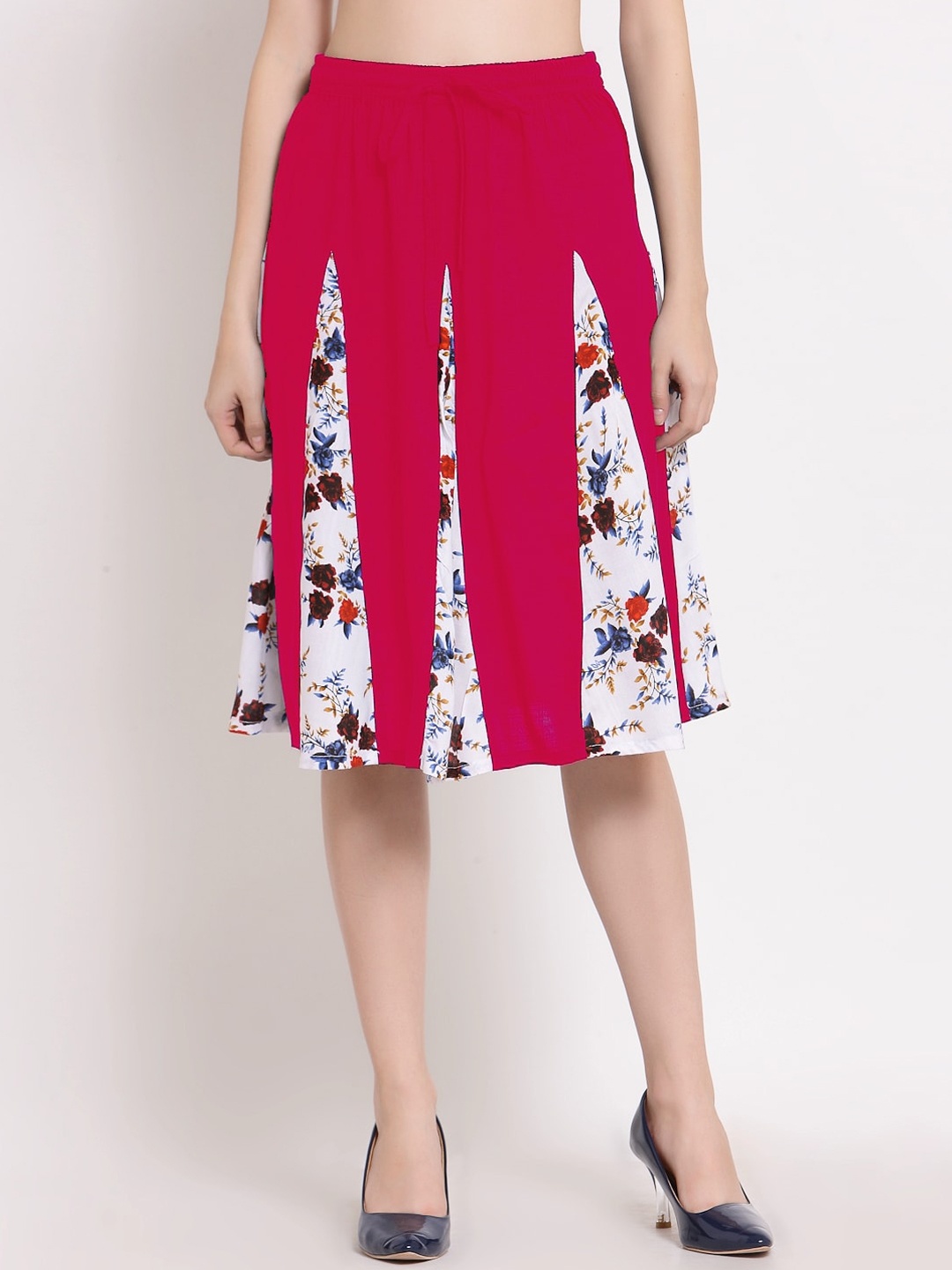 

PATRORNA Women Pink & White Printed Flared Skirt With Contrast Pleated Detailing