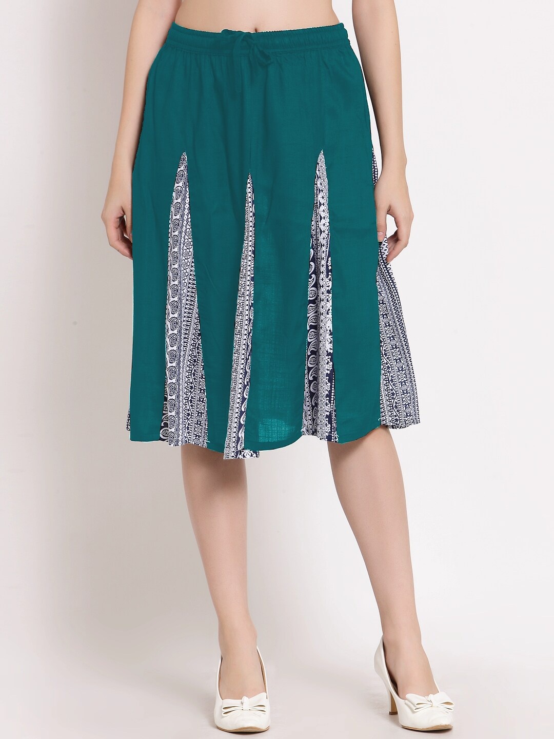 

PATRORNA Women Sea Green & White Printed Flared Skirt